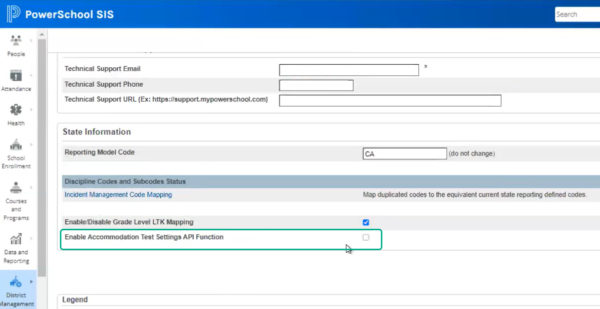 Enable Accommodation Test Settings API Function