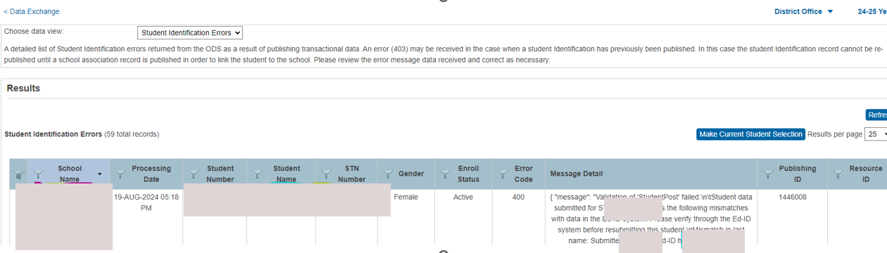 Student identification data error