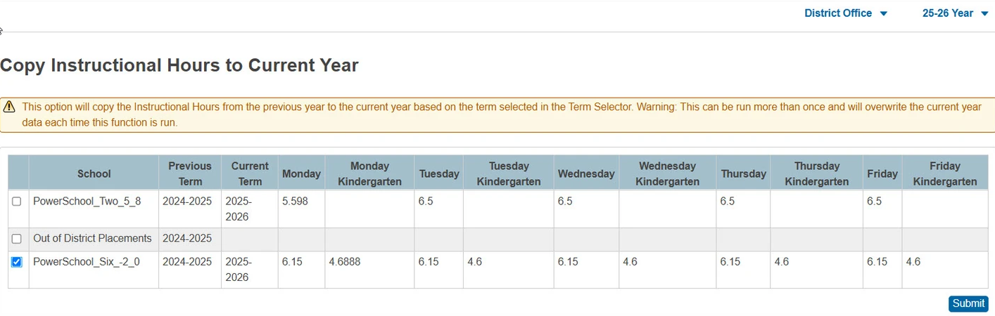 Copy Instructional Hours to Current Year